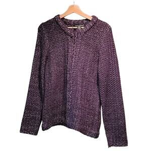 Dialogue Women's Zip Front Cardigan Sweater Medium Chunky Purple Silver Thread